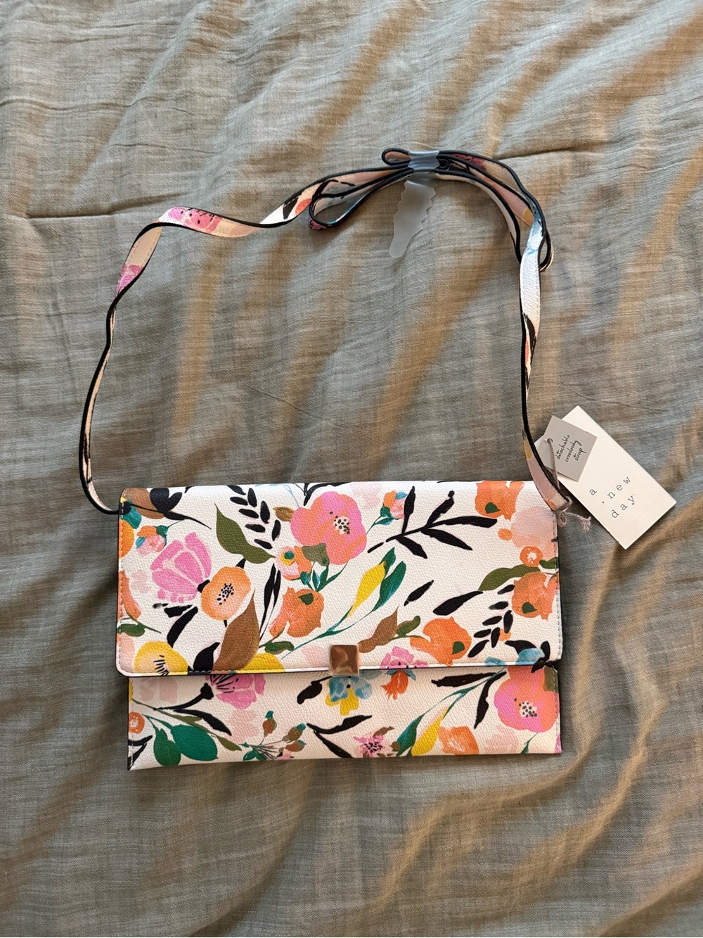 a new day White Floral Crossbody Bag with Pink, Orange & Green Accents